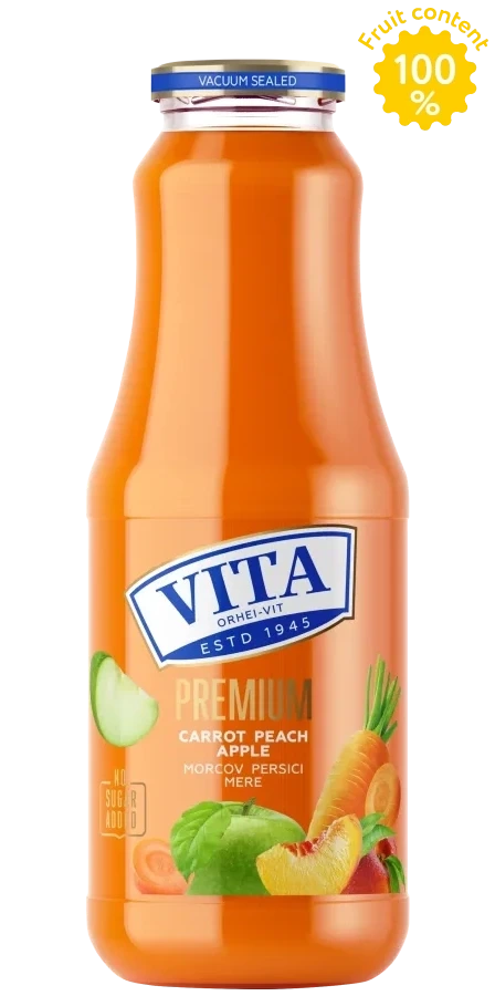 Suc Vita Premium Morcov–Piersici–Mere 1 L – sticlă